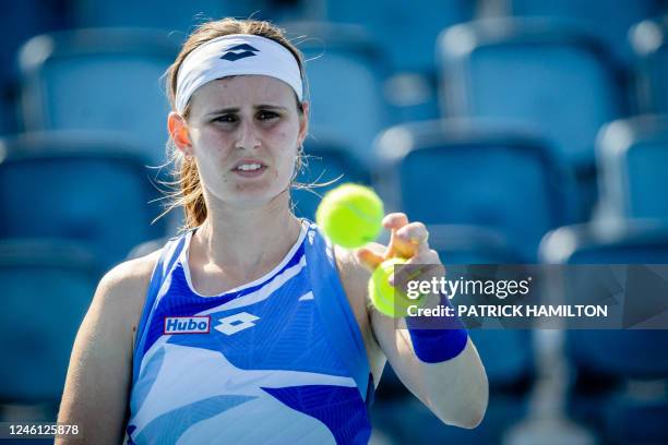 Belgian Greet Minnen reacts during a first round game of the women's qualifications between Belgian Minnen and Swiss Waltert ahead of the 'Australian...