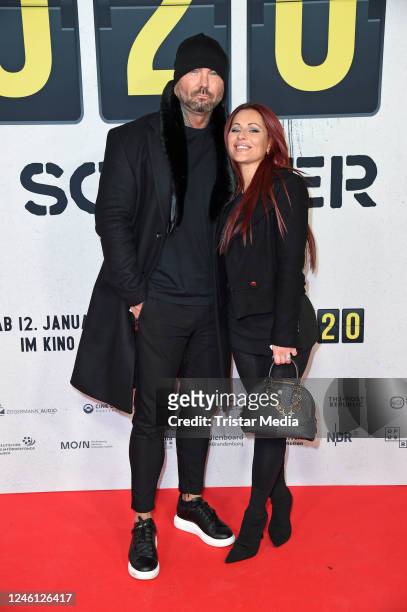 Julia Jasmin Ruehle and her parner Rene Marschke attend the "FCK2020 - Zweieinhalb Jahre Mit Scooter" premiere at Zoo Palast on January 9, 2023 in...
