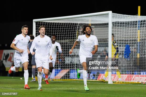 Mohamed Elneny of Arsenal celebrates scoring the opening goal during the Emirates FA Cup Third Round match between Oxford United and Arsenal at...