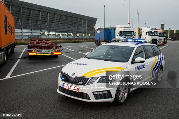 Photo shows a Belgian customs car during a joint press briefing of the Belgian and Dutch customs authorities on the cocaine intercepted in the...