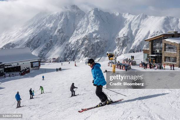 Skiers on a piste at the Ischgl ski resort in Ischgl, Austria, on Tuesday, Jan. 10, 2023. Its been an unseasonably warm winter in Europe and ski...