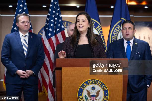 House Republican Conference Chair Representative Elise Stefanik , Republican of New York, speaks alongside Representative Michael Cloud , Republican...