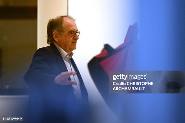French Football Federation President Noel Le Graet walks at the FFF headquarters after attending a hearing as part of a government audit of the...