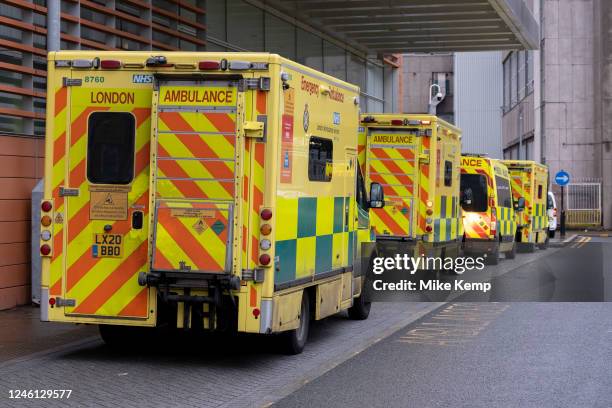 Ambulances from both privately owned companies and the London Ambulance Service waiting in line outside the Royal London Hospital in Whitechapel on...