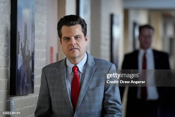 Rep. Matt Gaetz walks to a closed-door GOP caucus meeting at the U.S. Capitol January 10, 2023 in Washington, DC. House Republicans passed their...