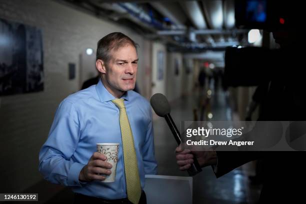 Chairman of the House Judiciary Committee Rep. Jim Jordan speaks to reporters on his way to a closed-door GOP caucus meeting at the U.S. Capitol...