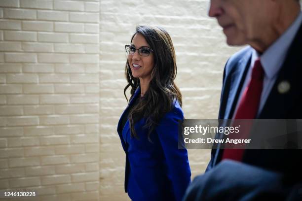 Rep. Lauren Boebert leaves a closed-door GOP caucus meeting at the U.S. Capitol January 10, 2023 in Washington, DC. House Republicans passed their...