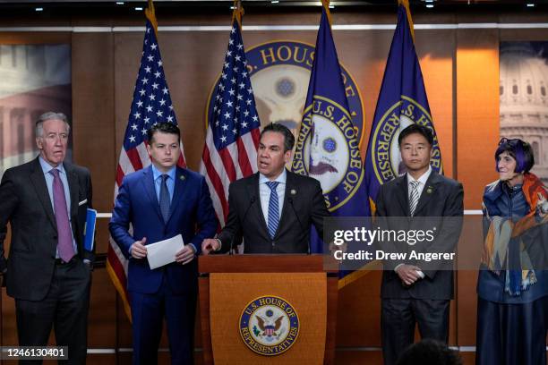 House Democratic Caucus Chairman Rep. Pete Aguilar speaks during a news conference at the U.S. Capitol January 10, 2023 in Washington, DC. Also...