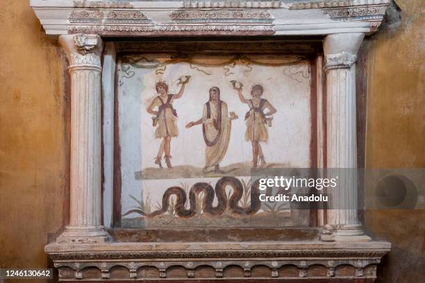 Pompeian ornament decorating a room of the domus House of the Vettii at the Archaeological Park of Pompeii, during the inauguration day of the...