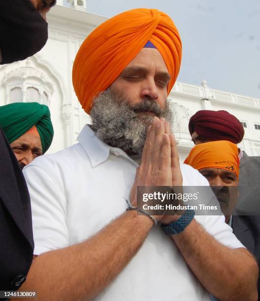 Congress leader Rahul Gandhi paying obeisance at Golden Temple before the Bharat Jodo Yatra's Punjab leg on January 10, 2023 in Amritsar, India. The...