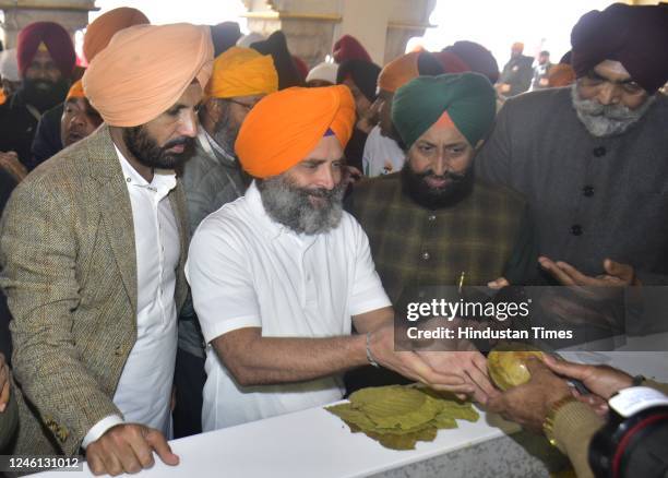 Congress leader Rahul Gandhi along with Punjab Pradesh Congress Committee president Amarinder Singh Raja Warring and Congress leader and Leader Of...