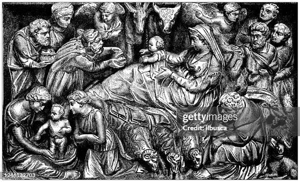 antique illustration: nativity bas relief, pistoia - bas relief stock illustrations