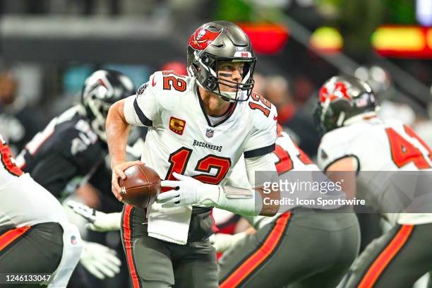 Tampa Bay quarterback Tom Brady drops back to pass during the NFL game between the Tampa Bay Buccaneers and the Atlanta Falcons on January 8th, 2023...