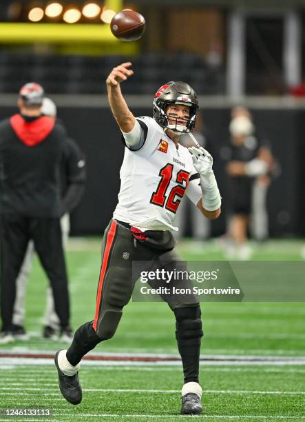Tampa Bay quarterback Tom Brady warms up prior to the start of the NFL game between the Tampa Bay Buccaneers and the Atlanta Falcons on January 8th,...