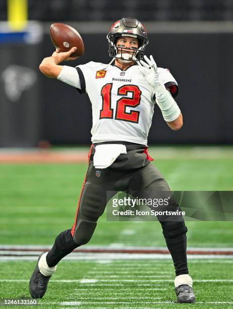 Tampa Bay quarterback Tom Brady warms up prior to the start of the NFL game between the Tampa Bay Buccaneers and the Atlanta Falcons on January 8th,...