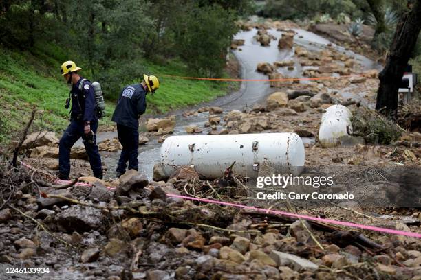 Montecito Summerland Fire Protection District responds to a rockslide where two 500-gallon propane tanks were washed up along the 800 block of Toro...