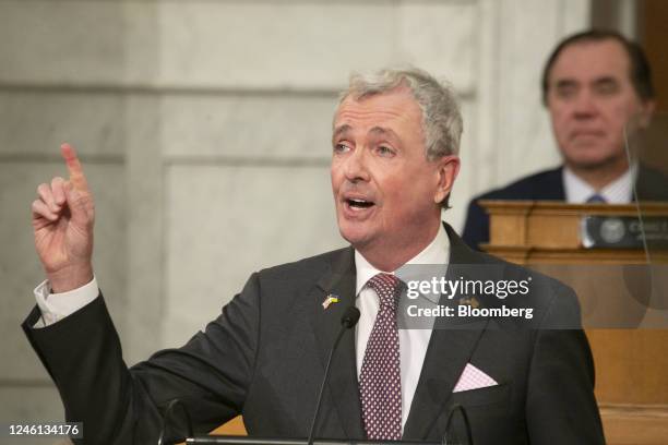 Phil Murphy, governor of New Jersey, speaks during the 2023 State of the State Address at the New Jersey State House in Trenton, New Jersey, US, on...