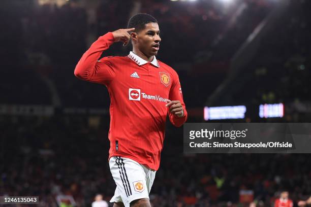 Marcus Rashford of Manchester United celebrates their third goal during the Carabao Cup Quarter Final match between Manchester United and Charlton...