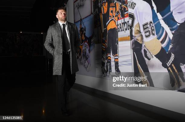 Bryan Rust of the Pittsburgh Penguins arrives for the game against the Vancouver Canucks at PPG PAINTS Arena on January 10, 2023 in Pittsburgh,...