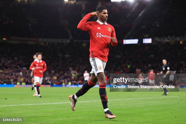 Marcus Rashford of Manchester United celebrates their third goal during the Carabao Cup Quarter Final match between Manchester United and Charlton...