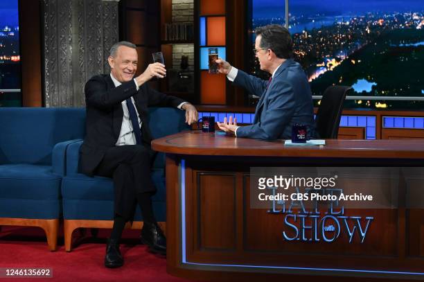 The Late Show with Stephen Colbert and guest Tom Hanks during Mondays January 9, 2023 show.