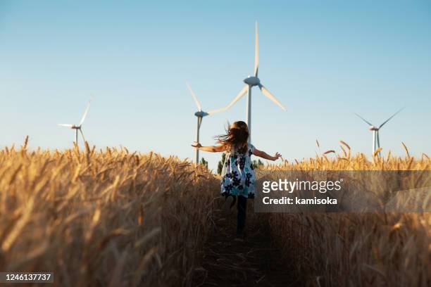 het meisje loopt de manier aan windenergie - veld stockfoto's en -beelden
