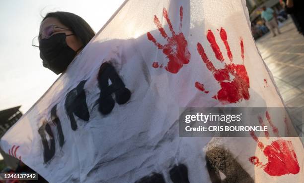 An opposer to the government of President Dina Boluarte protests in front of the Palace of Justice in Lima on January 10 calling for her destitution...