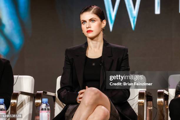 Alexandra Daddario speaks onstage during Anne Rices Mayfair Witches panel at the AMC Networks panels at the CTA Winter Press Tour held at The...