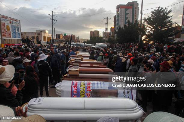 Relatives of the victims of the clashes with the Peruvian police wait with empty coffins outside the morgue of the Carlos Monge Medrano hospital in...