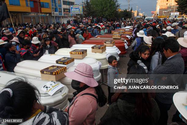 Relatives of 18 people killed in clashes with security forces wait with empty coffins outside the morgue of the Carlos Monge Medrano hospital in...