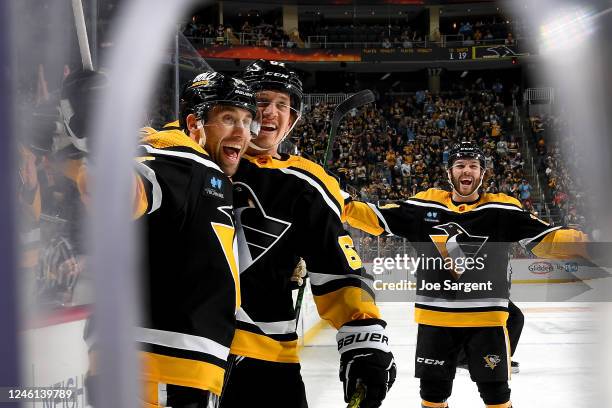 Jason Zucker of the Pittsburgh Penguins celebrates his first period goal against the Vancouver Canucks at PPG PAINTS Arena on January 10, 2023 in...