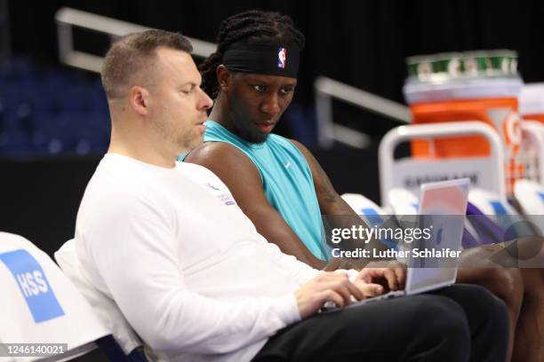 Anthony Duruji of the Greensboro Swarm looks on during warm ups before the game against the Westchester Knicks on January 10, 2023 in Bridgeport, CT....