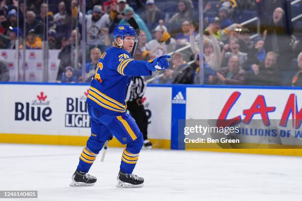 Rasmus Dahlin of the Buffalo Sabres reacts after scoring a second period goal against the Seattle Kraken during an NHL game on January 10, 2023 at...