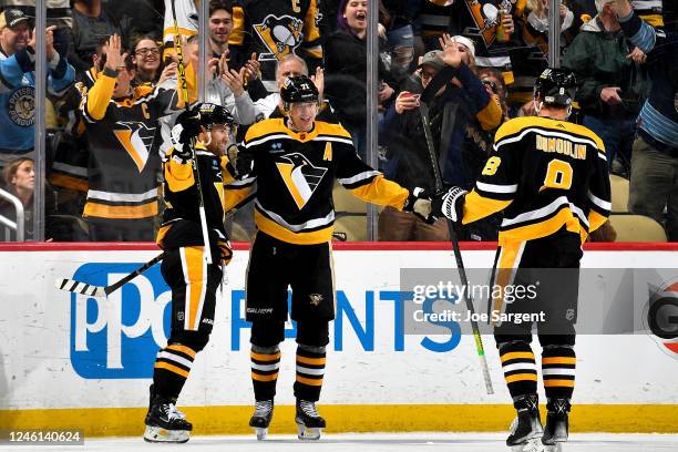 Evgeni Malkin of the Pittsburgh Penguins celebrates his second period goal against the Vancouver Canucks at PPG PAINTS Arena on January 10, 2023 in...