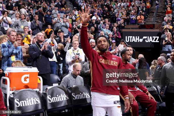 Donovan Mitchell of the Cleveland Cavaliers is recognized prior to the game against the Utah Jazz on January 10, 2023 at vivint.SmartHome Arena in...