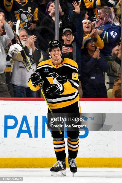 Rickard Rakell of the Pittsburgh Penguins celebrates his second period goal against the Vancouver Canucks at PPG PAINTS Arena on January 10, 2023 in...