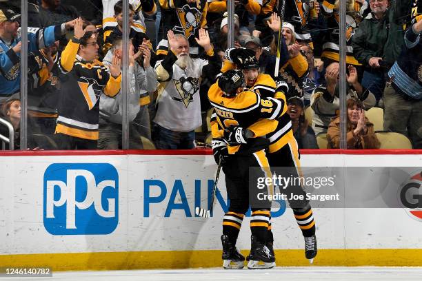 Evgeni Malkin of the Pittsburgh Penguins celebrates his second period goal against the Vancouver Canucks at PPG PAINTS Arena on January 10, 2023 in...