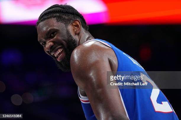 Joel Embiid of the Philadelphia 76ers reacts against the Detroit Pistons in the third quarter at the Wells Fargo Center on January 10, 2023 in...