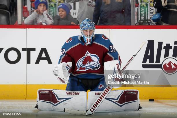 Goaltender Pavel Francouz of the Colorado Avalanche warms up prior to the game against the Florida Panthers at Ball Arena on January 10, 2023 in...