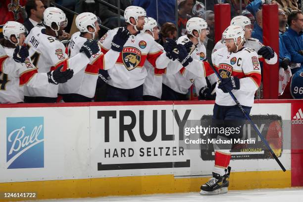 Aleksander Barkov of the Florida Panthers celebrates a goal against the Colorado Avalanche at Ball Arena on January 10, 2023 in Denver, Colorado.