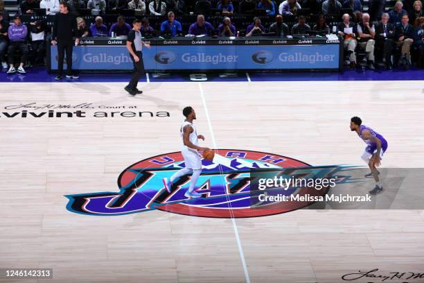Donovan Mitchell of the Cleveland Cavaliers moves the ball during the game against the Utah Jazz on January 10, 2023 at vivint.SmartHome Arena in...