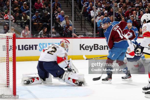 Andrew Cogliano of the Colorado Avalanche scores against goaltender Sergei Bobrovsky of the Florida Panthers at Ball Arena on January 10, 2023 in...