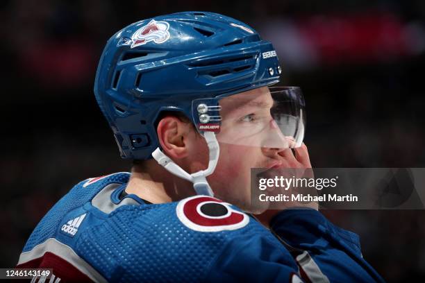 Cale Makar of the Colorado Avalanche calls to a teammate during the second period against the Florida Panthers at Ball Arena on January 10, 2023 in...