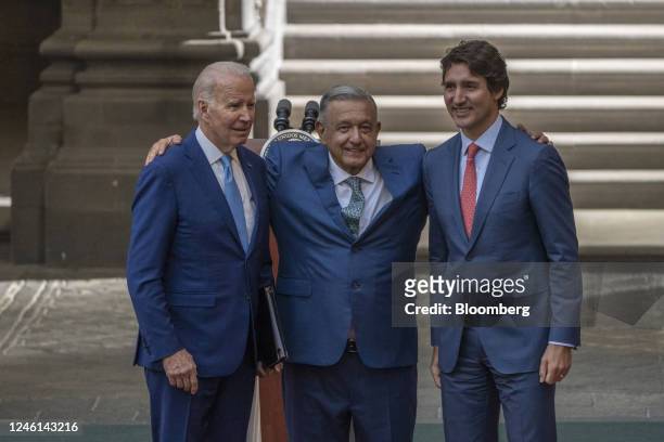 President Joe Biden, left, Andres Manuel Lopez Obrador, Mexico's president, center, and Justin Trudeau, Canada's prime minister, pose for photographs...