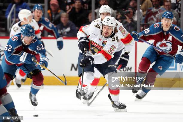 Ryan Lomberg of the Florida Panthers skates against Artturi Lehkonen of the Colorado Avalanche at Ball Arena on January 10, 2023 in Denver, Colorado.
