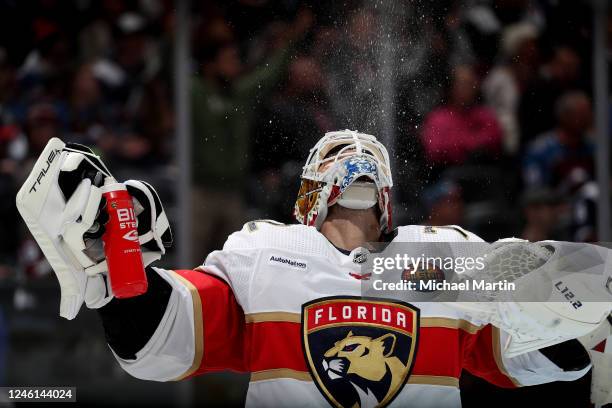 Goaltender Sergei Bobrovsky of the Florida Panthers expels water during a break in play against the Colorado Avalanche at Ball Arena on January 10,...