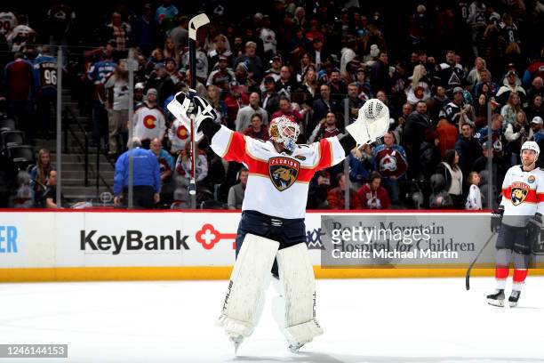Goaltender Sergei Bobrovsky of the Florida Panthers celebrates a win against the Colorado Avalanche at Ball Arena on January 10, 2023 in Denver,...