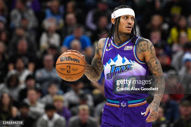 Jordan Clarkson of the Utah Jazz controls the ball during the first half against the Cleveland Cavaliers at Vivint Arena on January 10, 2023 in Salt...