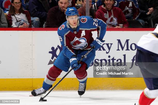 Nathan MacKinnon of the Colorado Avalanche skates against the Florida Panthers at Ball Arena on January 10, 2023 in Denver, Colorado.