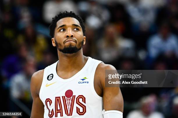 Donovan Mitchell of the Cleveland Cavaliers looks on during the first half against the Utah Jazz at Vivint Arena on January 10, 2023 in Salt Lake...